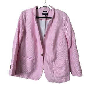 Talbots Aberdeen Linen Blend Blazer Pink White Striped Size 16W Office Coastal